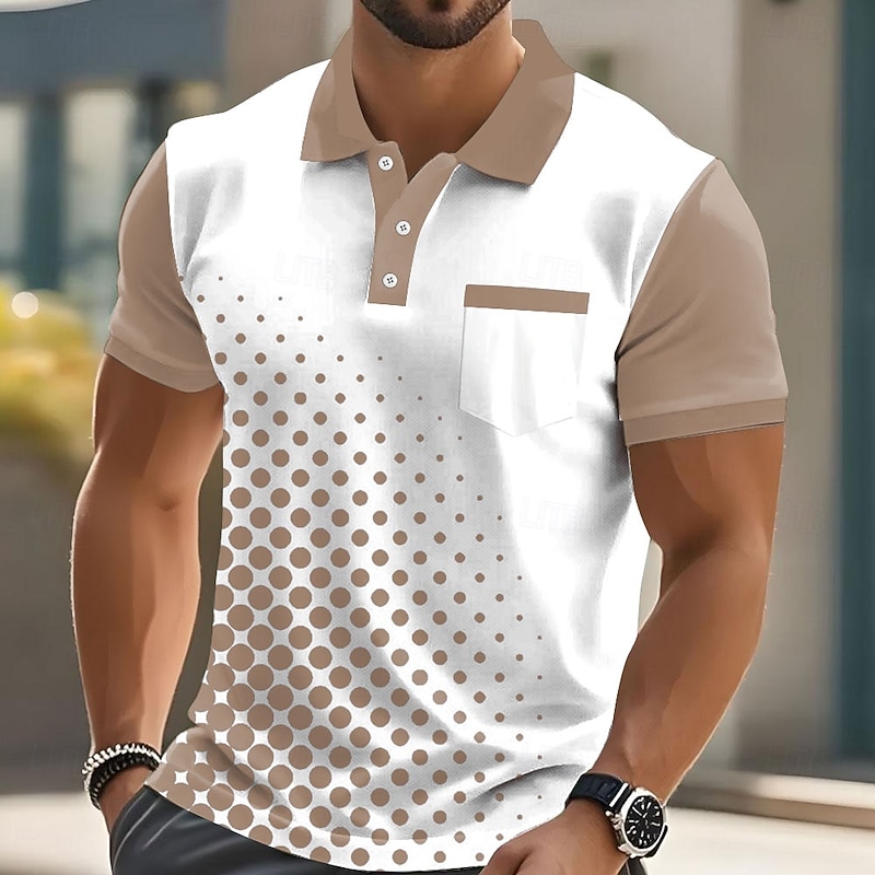 Male Geometic Polo Short Sleeve Turndown Business Sports & Outdoor Business Athleisure Buttons Pocket Summer Robin's Egg Blue Black Green3