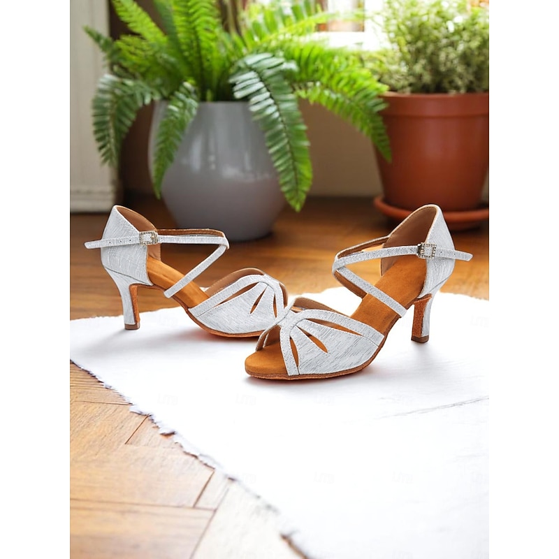 Women's Silver Satin Dance Shoes with Low Kitten Heel and Cross Strap Design - Elegant Dance Shoes for Ballroom and Latin Dances3