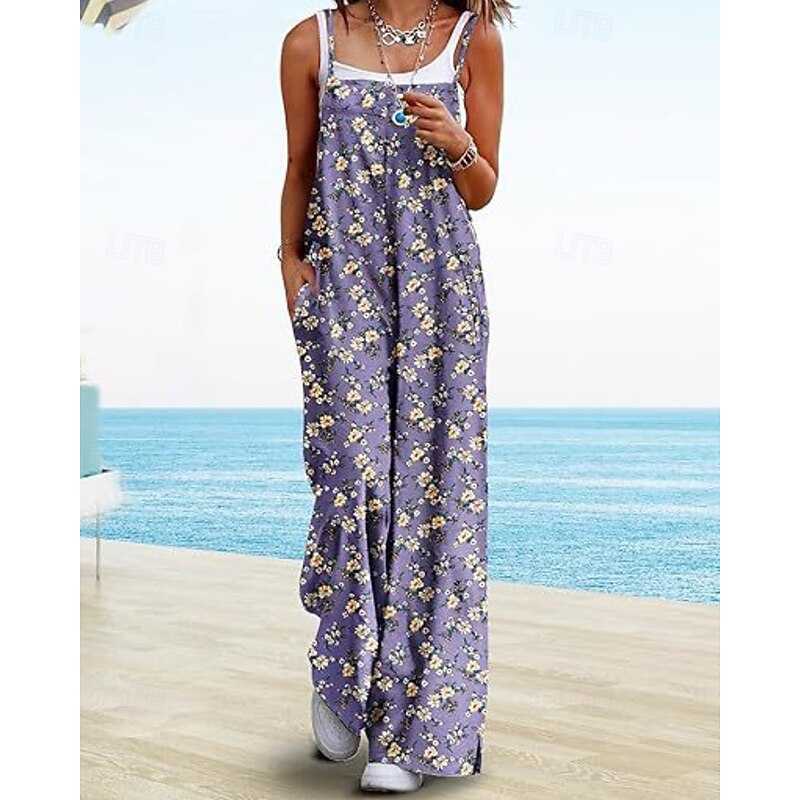 Women's Normal Jumpsuit Casual Floral Sleeveless U Neck Pocket Print Street Daily Regular Fit Blue Purple Fuchsia Summer3