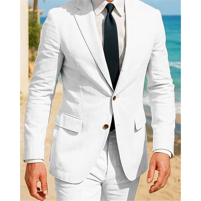 Men's Linen Blazer Blazer Business Cocktail Party Wedding Party Fashion Casual Spring Autumn / Fall 30% Flax 70% Polyester Plain Pocket Buttons Comfortable Single Breasted Blazer White khaki Light