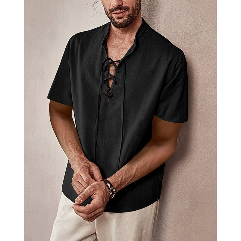 Men's Shirt Summer Shirt Casual Shirt Beach Shirt Black Apricot Short Sleeve Plain Band Collar Vacation Hawaiian Lace up Clothing Apparel Polyester Fashion Casual Comfortable4