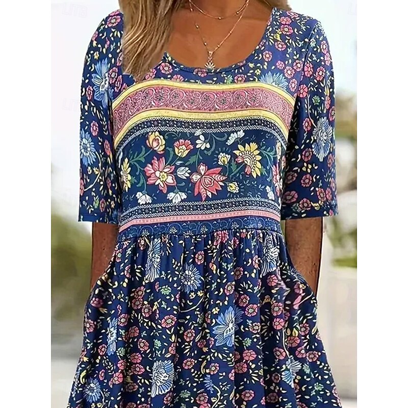 Women's Midi Dress Summer Dress Pleated Dress Vacation Casual Beach Daily Holiday Loose Fit Floral Graphic Short Sleeve Crew Neck Navy Blue Summer2