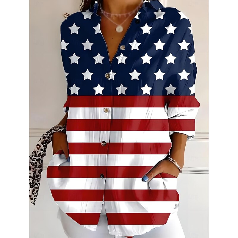 Women's Patriotic Shirt Graphic Flag USA Vintage Daily Stylish Regular Tops Work Daily s Print Denim Blue Black Red Blue Spring2