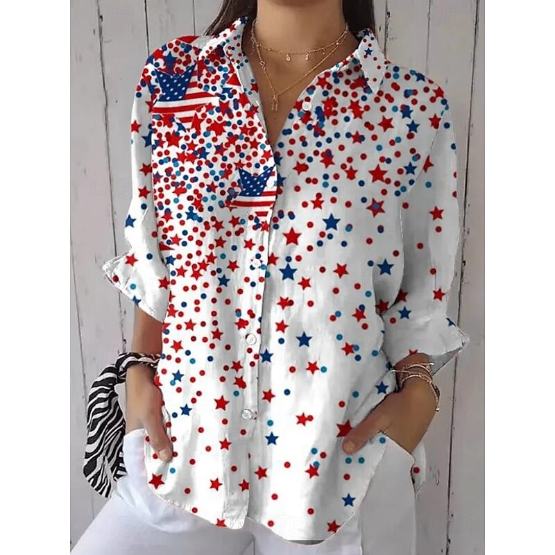 American Independence Day Women's Shirt Button Down Tunic Shirt Collar Long Sleeve Graphic Flag Vintage Daily Stylish Regular Tops Work Daily s Print White Red Blue Spring3