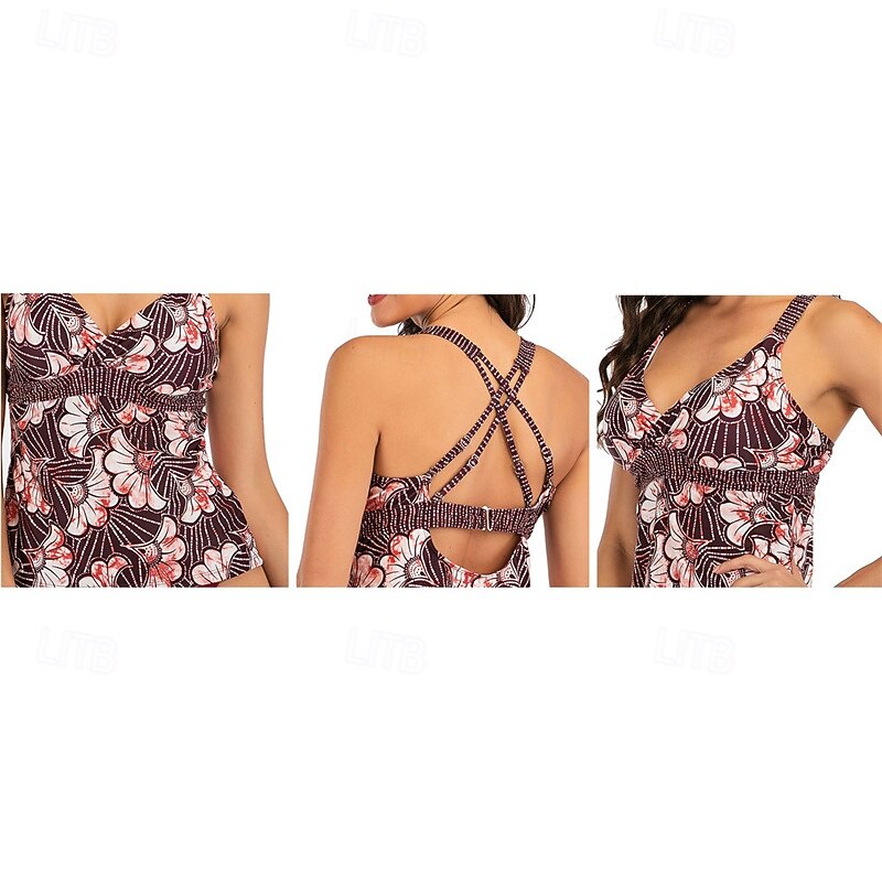 Women's Tankini Two Piece Swimsuit Open Back Swimwear Floral Swimwear Wine Breathable Quick Dry Sleeveless - Swimming Surfing Snorkeling Summer4