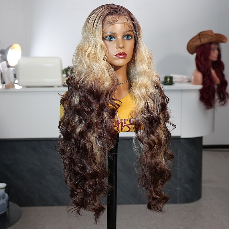 Synthetic Lace Wig Body Wave Style 30 inch Dark Brown Gold Blonde Ombre Middle Part 13x4 Lace Front Wig Women's Wig A12