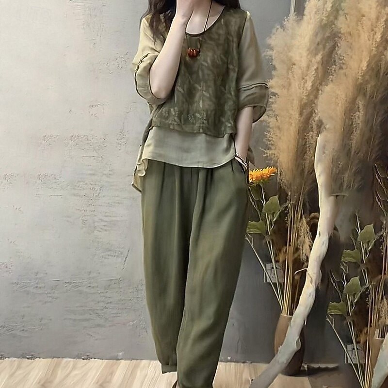 Women's Active Fashion Cotton Linen Sets Blouse Pants Sets 3/4 Length Sleeve Crew Neck Printing Patchwork Holiday Weekend Army Green Summer Regular Fit