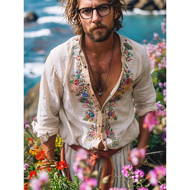Men's Casual Shirt Button Up Shirt Cotton Shirt Flower / Plants Vacation Street Beige Long Sleeve Grandad Spring & Summer Clothing Apparel Embroidery3