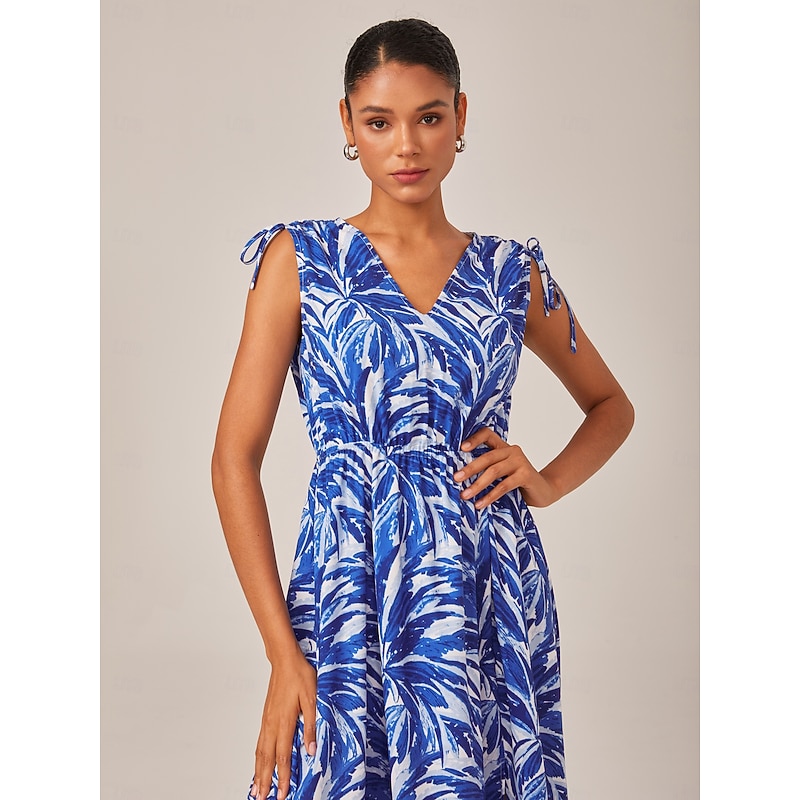 Petite Leaf Print Drawstring Short Sleeve Maxi Dress3