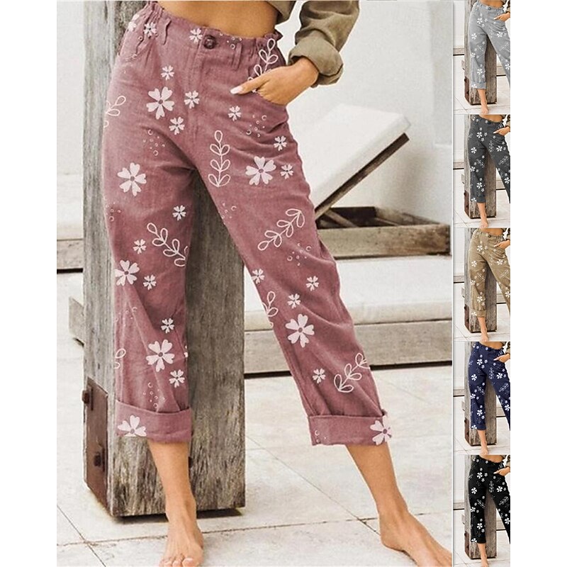 Women's Cotton Linen Pants Fashion Streetwear Full Length Natural Flower Pocket Elastic Waist Printing Comfy Outdoor Comfortable Vacation Street Black Pink Blue Khaki Summer Regular Fit