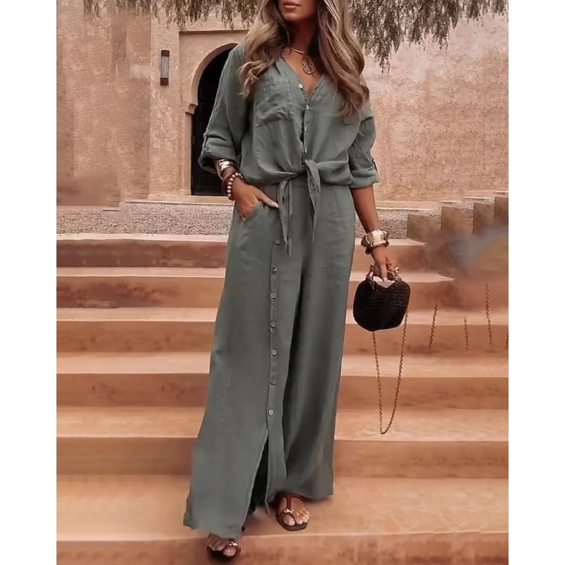 Women's Active Shirt Cotton Linen Shirts Blouse Long Sleeve Shirt Collar Solid Color Dubbele Rij Knopen Split Thigh Vacation Weekend White Army Green Brown Summer Regular Fit4