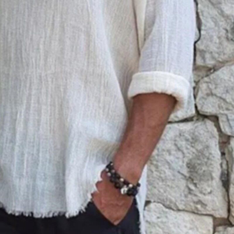 Men's Linen T-Shirt Long Sleeve V Neck Spring & Summer Plain Fashion Comfortable Raw Edge Vacation Party Casual White Top Tee for Men3