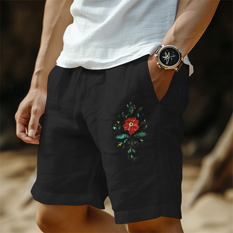 Men's Shorts Linen Shorts Summer Shorts Beach Shorts Drawstring Elastic Waist Graphic Flowers Soft Breathable Knee Length Outdoor Casual Daily Vacation Streetwear Black White Micro-elastic3