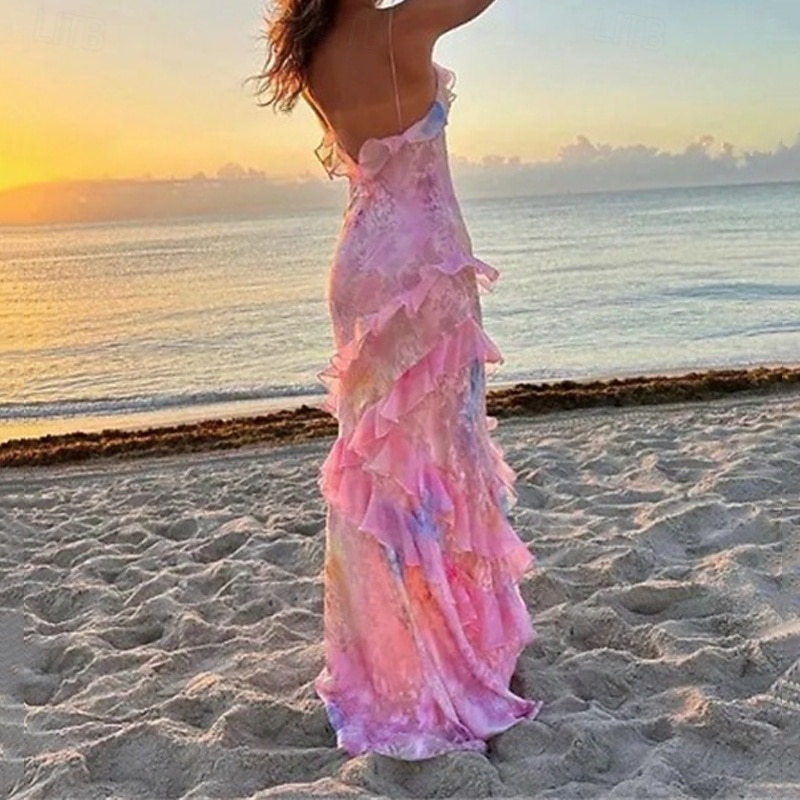 Women's Long Dress Maxi Dress Casual Dress Floral Dress Fashion Elegant Dress Outdoor Party Holiday Regular Fit Color Gradient Sleeveless V Neck Pink Summer3