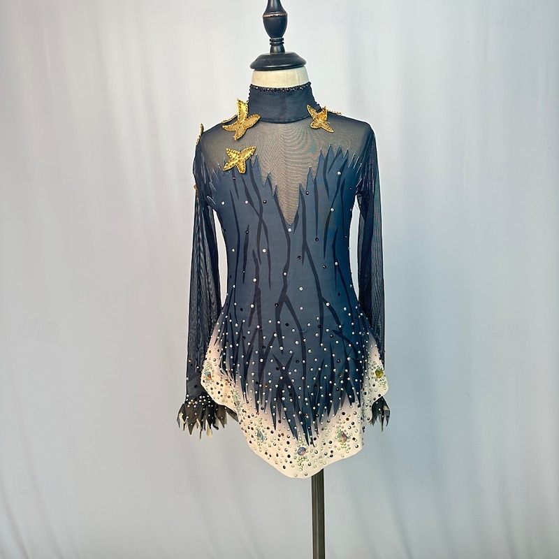 Figure Skating Dress Women's Girls' Ice Skating Dress Outfits Blue Patchwork Mesh Spandex High Elasticity Training Practice Competition Skating Wear Handmade Crystal / Rhinestone Long Sleeve Ice2
