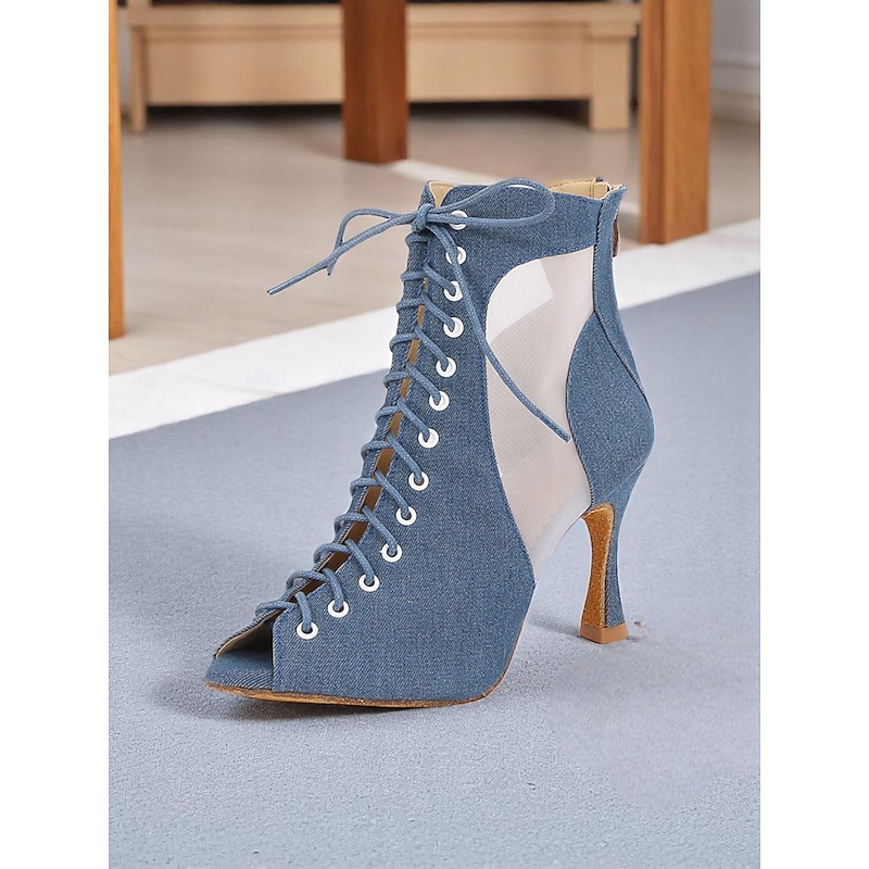 Women's Blue Lace-Up Peep Toe Dance Shoes with Mesh Panels and Heel, Professional Latin Dance Footwear for Performances and Competitions4