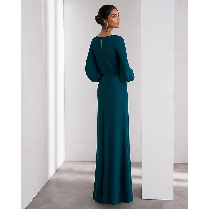 A-Line Evening Gown Elegant Dress Formal Wedding Guest Floor Length Long Sleeve V Neck Stretch Crepe with Ruffles4
