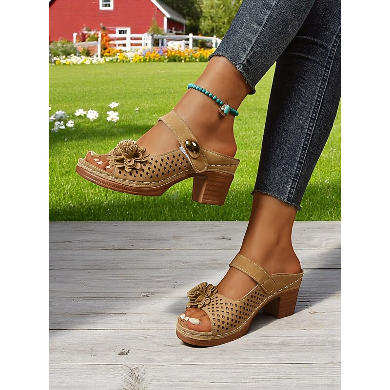Women's Flower Heeled Sandals – Casual Mule Style with Carved Hollow-out Detail, Comfortable Chunky Heel, Great for Garden Parties2