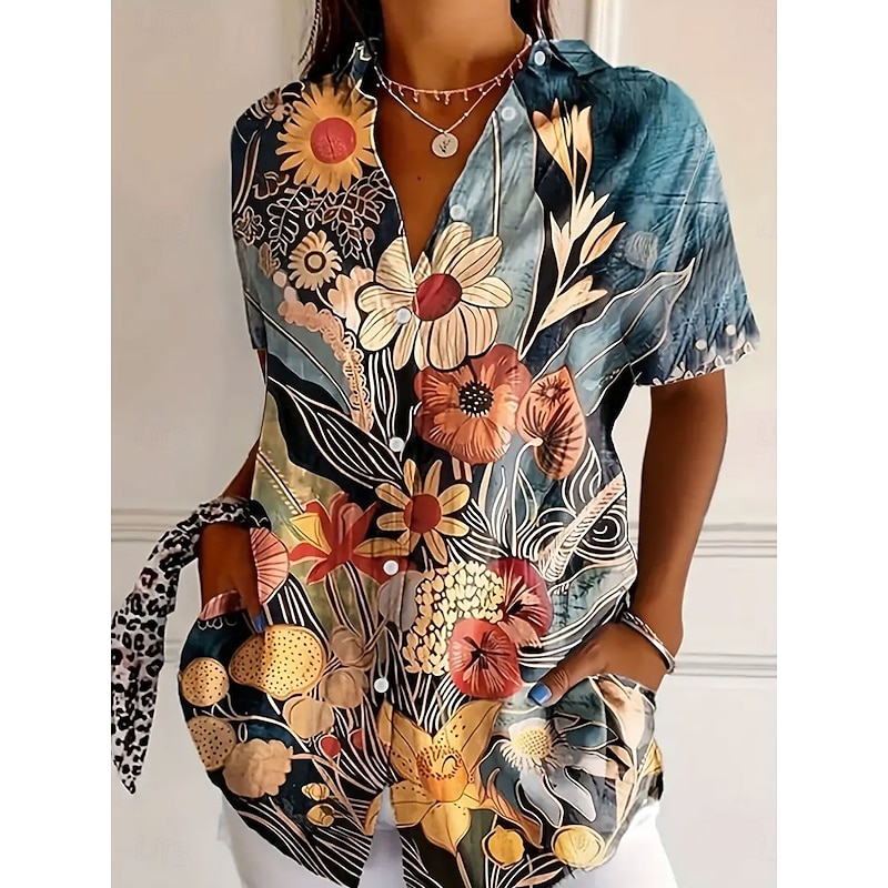 Women's Shirt Long Sleeve Button Down Blouse Floral Graphic Color Gradient Daily Casual Short Sleeve Shirt Collar Regular Tops Daily Yellow Blue Green Summer4