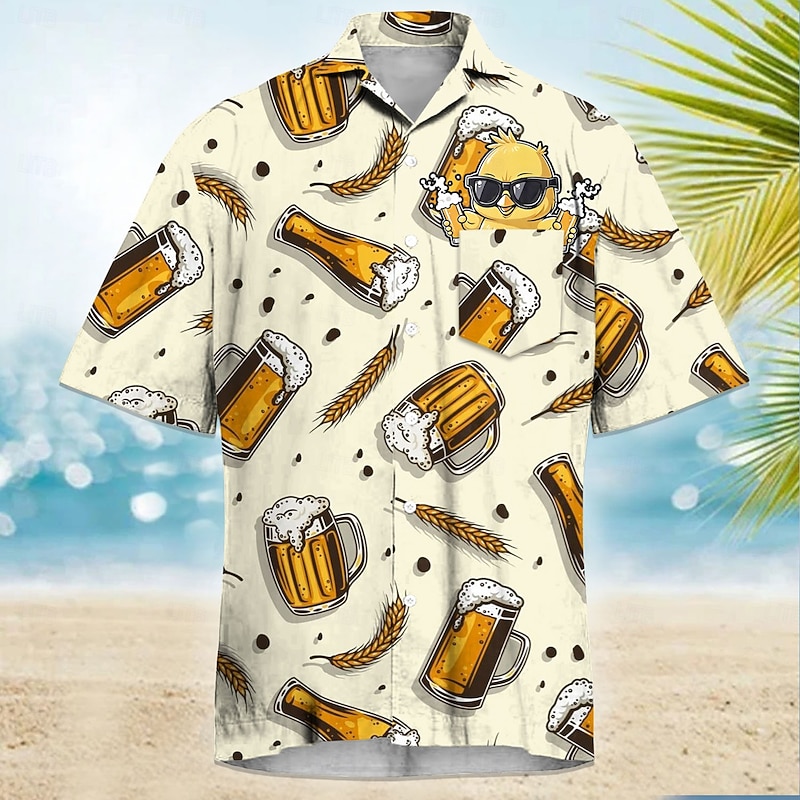 Men's Funny Beer Duck Cuban Collar Shirt Summer Hawaiian Shirt Aloha Shirt Short Sleeve Hawaiian Vacation Holiday Beach Wear Summer Spring Camp Collar Shirt 3D Print Front One Pocket Red Apricot3