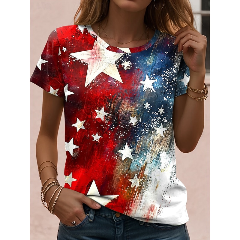 Women's Patriotic  T Shirt Graphic Flag Vintage Casual Short Sleeve Crew Neck Regular Tops Daily Weekend Print White Red Blue Dusty Blue Summer Spring4