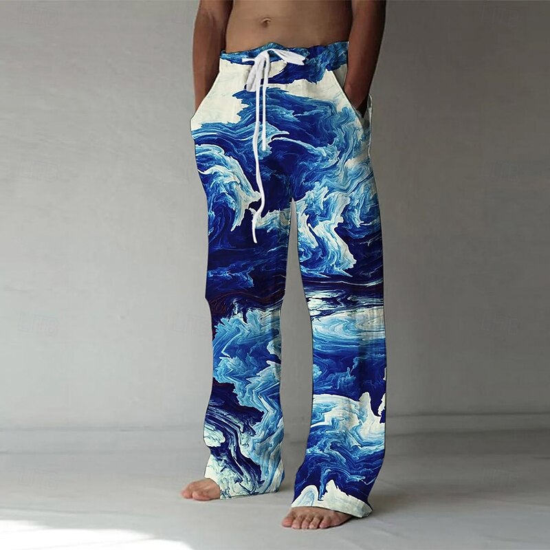 Men's Marble Abstract Liquid Art Trousers Baggy Pants Casual Pants Mid Waist Casual Outdoor Vacation Side Pockets Wide Leg Elastic Drawstring Waist Summer Spring 3D Print Red Blue Purple2