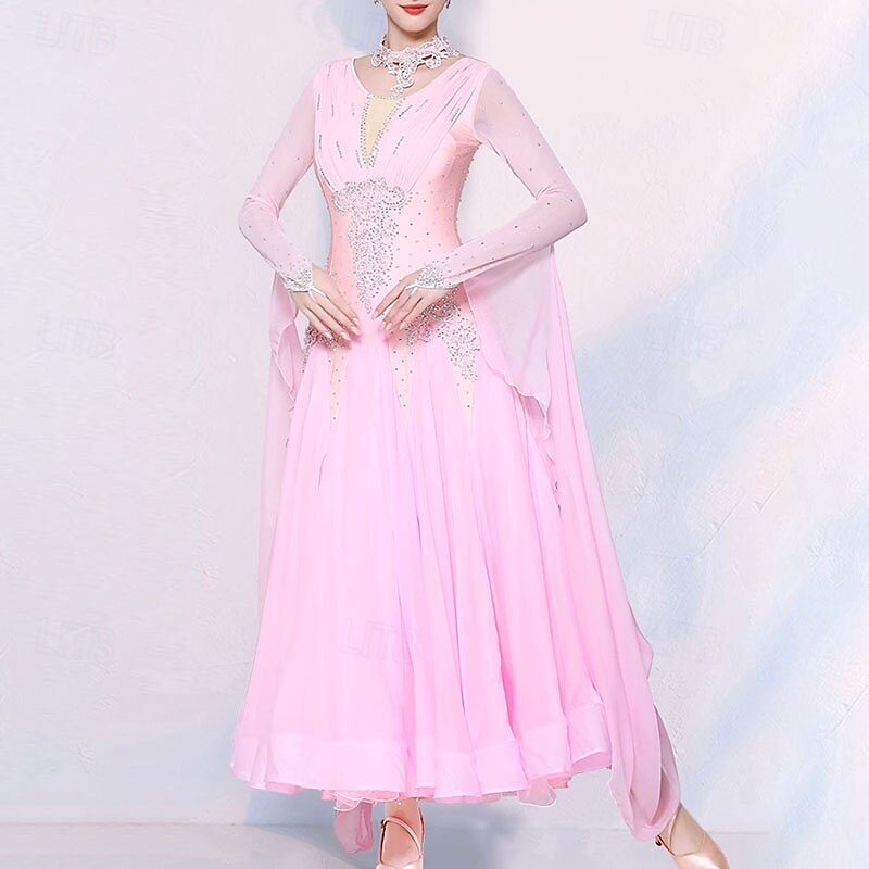 Ballroom Dance Dress Crystals / Rhinestones Women's Performance Party Long Sleeve Chiffon Spandex4