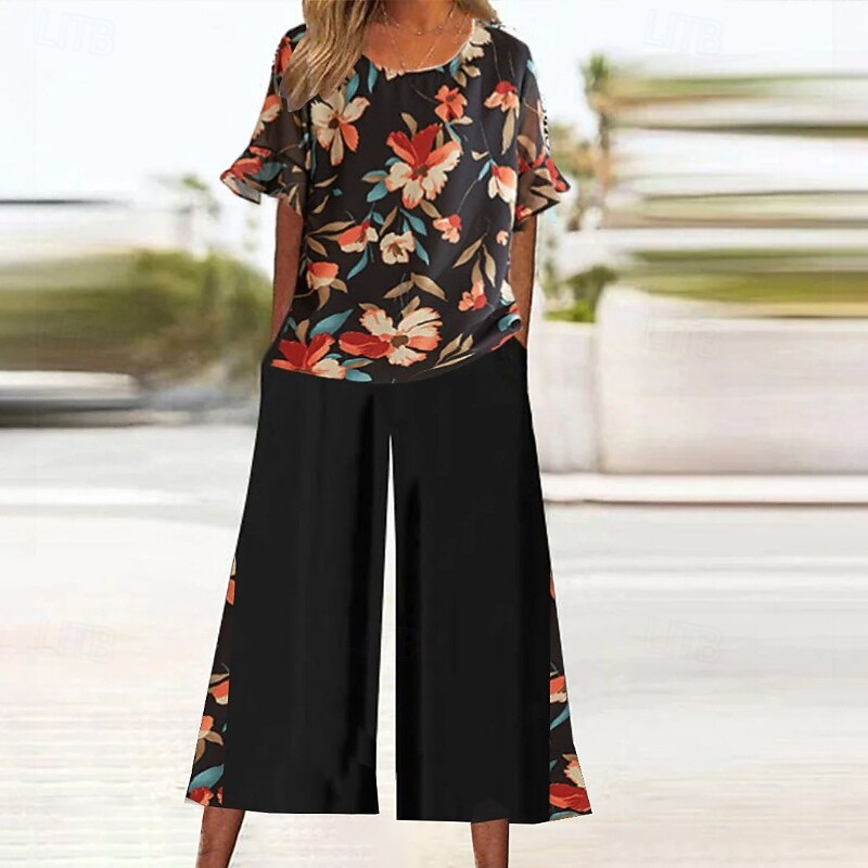 Women's Active Blouse Pants Sets Short Sleeve Crew Neck Floral Print Holiday Casual Daily Black Khaki Summer Regular Fit3