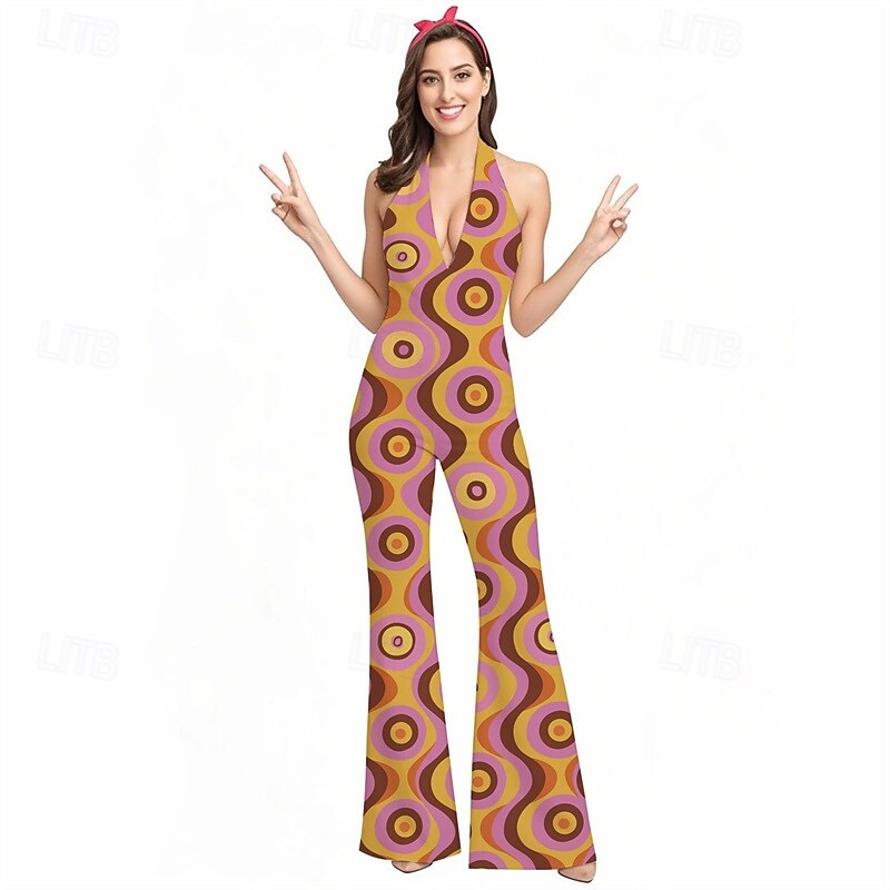 Retro Vintage 1970s Groovy Bell Bottoms Jumpsuit Flared Trousers Hippie Disco Geometic Psychedelic Fancy Dress Women's Halloween Carnival Vacation Music Festival Festival Adults' Jumpsuit