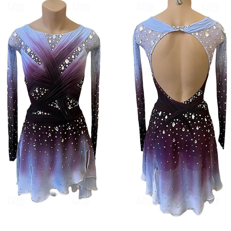 Figure Skating Dress Women's Girls' Ice Skating Dress Dark Purple Patchwork Open Back Mesh High Elasticity Training Competition Skating Wear Classic Crystal / Rhinestone Long Sleeve Ice Skating