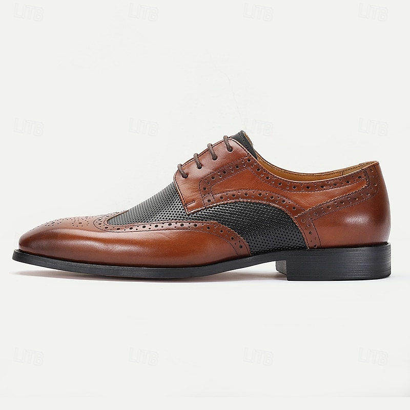 Men's Premium Brown and Black Leather Lace-Up Shoes with Mesh Detailing for Business and Formal Occasions3