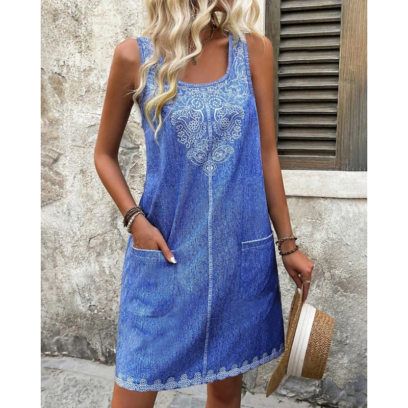 Women's Mini Dress Boho Dress Print Dress Fashion Modern Vacation Daily Holiday Regular Fit Flower Sleeveless U Neck Royal Blue Summer2