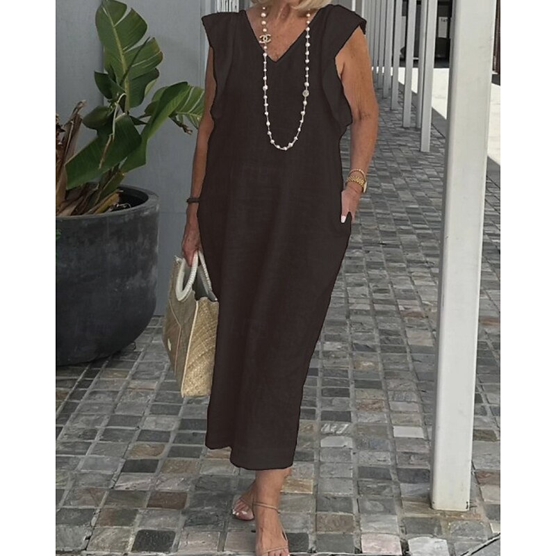 Women's Long Dress Maxi Dress Cotton Linen Dresses Casual Dress Fashion Outdoor Party Holiday Regular Fit Plain Sleeveless V Neck Black White Navy Blue Summer3