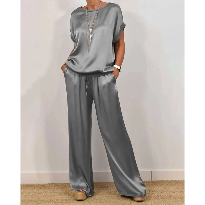 Women's Active Fashion Blouse Pants Sets Short Sleeve Crew Neck Solid Color Going out Weekend Black Blue Beige Summer Regular Fit4