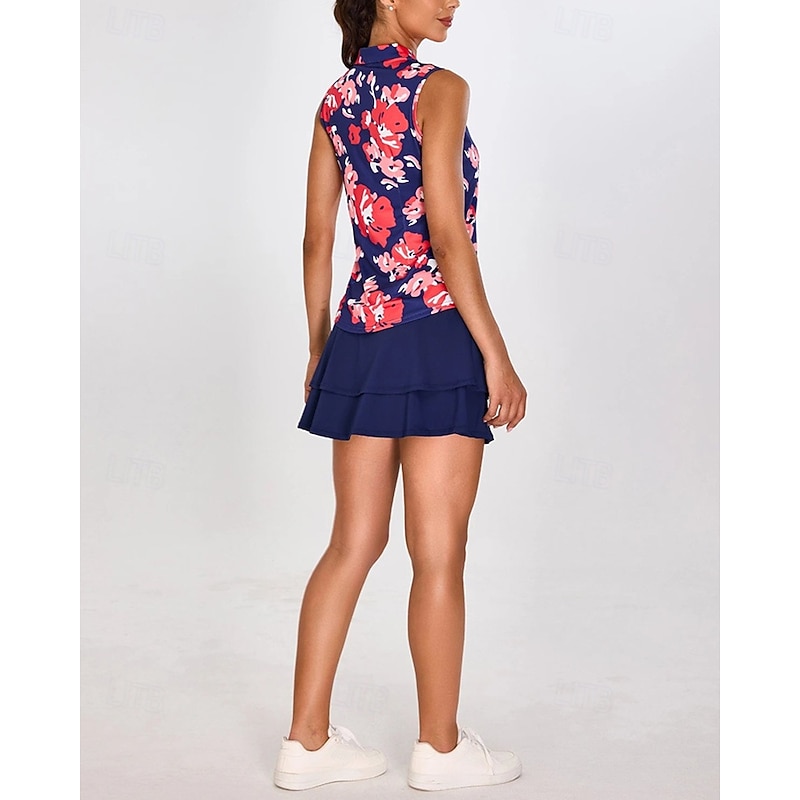Women's Floral Tennis Shirt Sleeveless Print UPF50+ Quick Dry Tennis Golf Badminton Zip Collar Tee Tshirt Top Red Tennis Clothing2