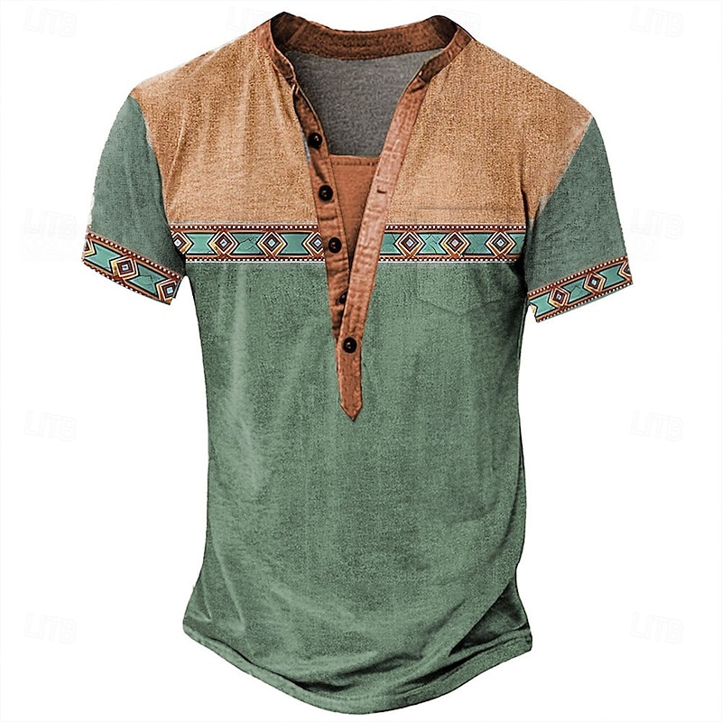 Men's Tribal Ethnic T Shirt Henley Shirt Tee Short Sleeve Designer Basic Ethnic Outdoor Casual Daily Summer Lake blue Black Light Green Dark Blue Light Blue Henley Henley T-Shirt4