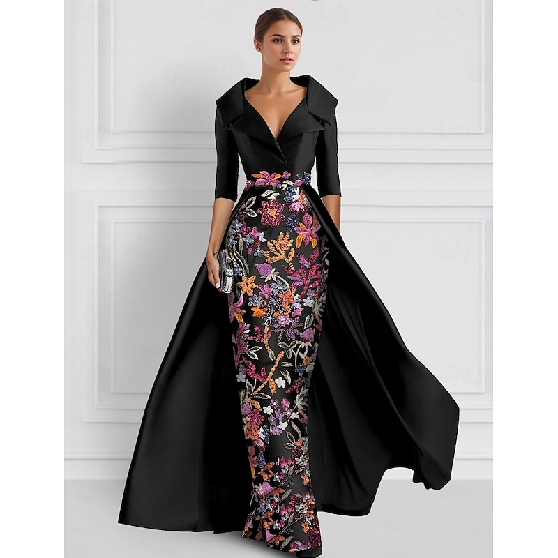 Embroidered Ball Gown A-Line Evening Gown Elegant Dress Formal Wedding Floor Length Half Sleeve Shirt Collar Satin with Slit Appliques 11