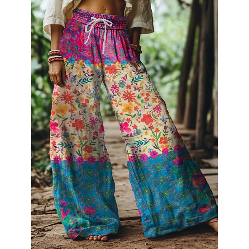 Women's Wide Leg Chinos Baggy Pants Vacation Vintage Ethnic Style Full Length High Waist Floral Graphic Printing Thermal Warm Soft Breathable Micro-elastic Vacation Street Causal Robin's Egg Blue