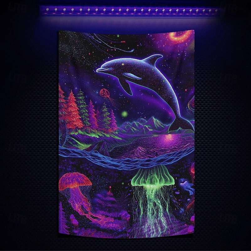 Blacklight Tapestry Glow in the Dark Glow Party UV Reactive Animal Ocean Dophin Trippy Misty Mushroom Nature Landscape Hanging Tapestry Wall Art Mural for Living Room Bedroom