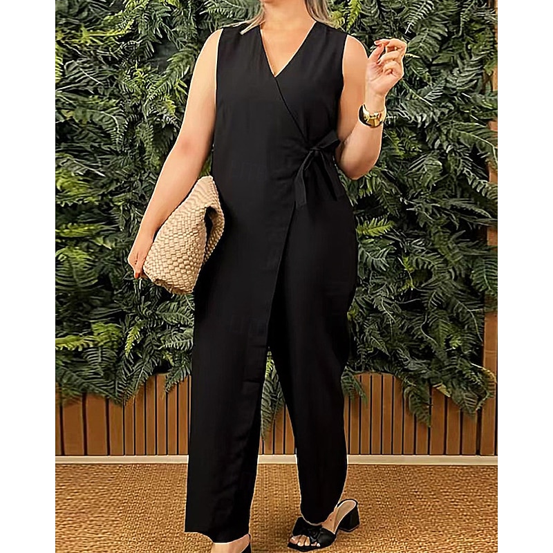 Women's Normal Cotton Linen Pants Streetwear Solid Color Sleeveless V Neck Daily Going out Regular Fit Black White Yellow Summer3