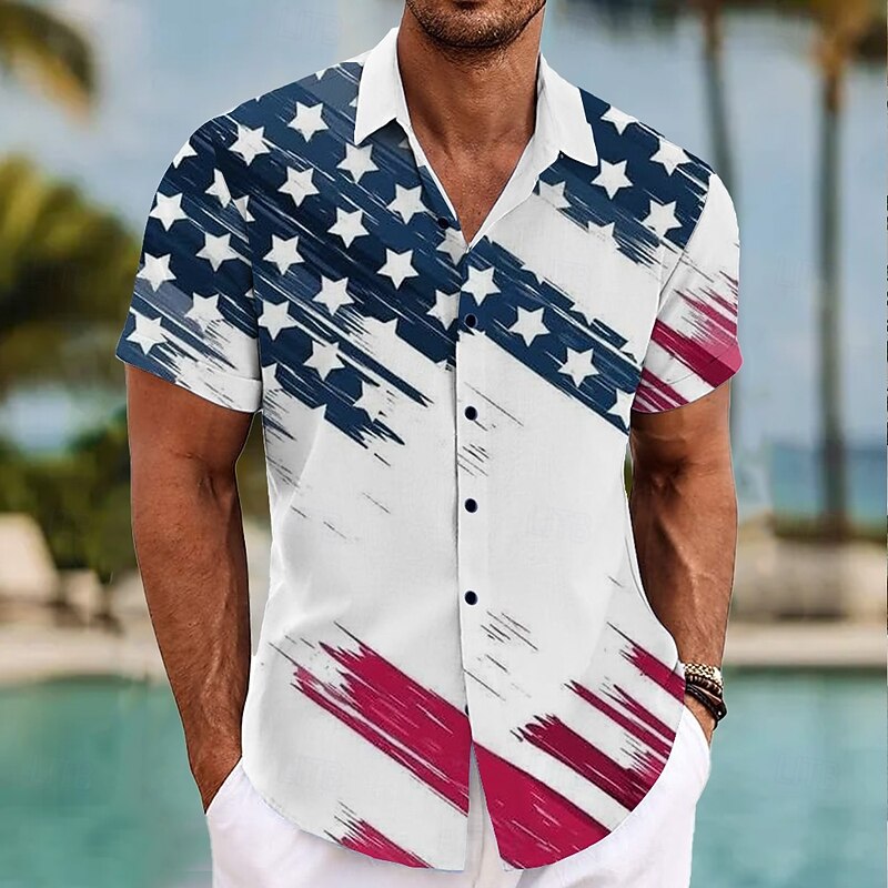 Independence Day Men's US Flag Patriotic 1776 Shirt Summer Shirt Button Up Shirt Short Sleeve Fashion Casual Outdoor Vacation Dailywear Summer Spring Turndown 3D Print Collared Shirts White Blue2