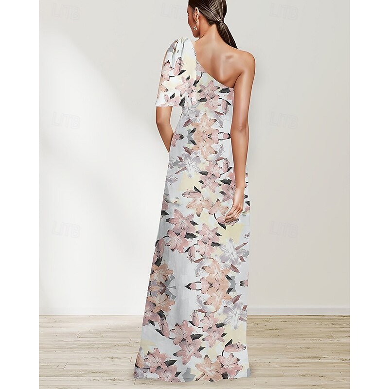 Sheath / Column Evening Gown Elegant Dress Formal Wedding Floor Length Sleeveless One Shoulder Satin with Floral Print Bow(s) Wedding Guest Dress2