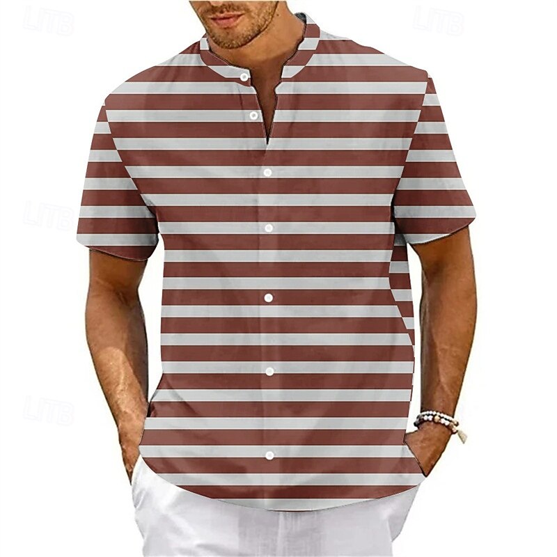 Men's Shirt Summer Shirt Casual Shirt Beach Shirt Button Up Shirt Light Pink Black Pink Red Royal Blue Short Sleeve Stripes Band Collar Vacation Hawaiian Clothing Apparel Polyester Fashion Casual2