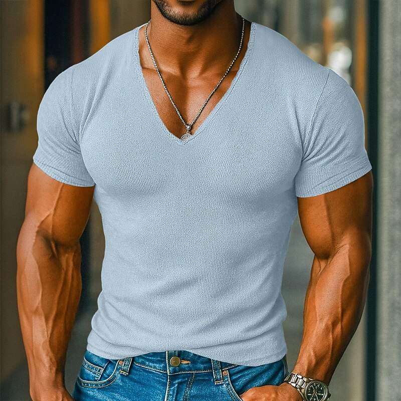 Men's T Shirt Knit Tee Tee Top Short Sleeve V Neck Summer Solid Color Fashion Designer Basic Knitted Vacation Street Casual Light Blue Yellow Beige Top Tee for Men4