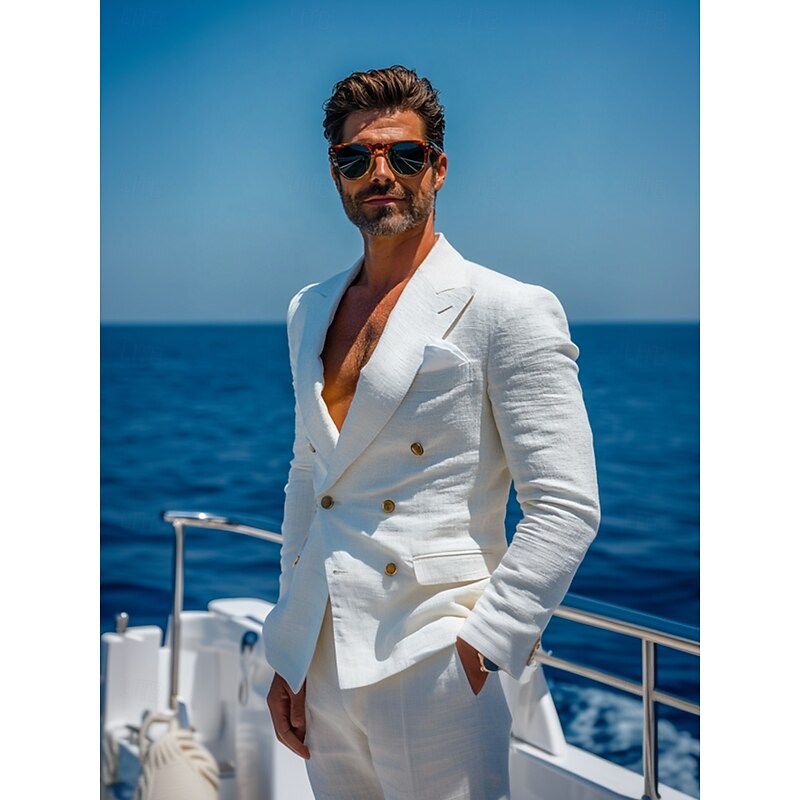 Men's Wedding Suits White Half Lined Lightweight Casual Solid Colored Standard Fit 2 Piece Double Breasted Six-buttons2
