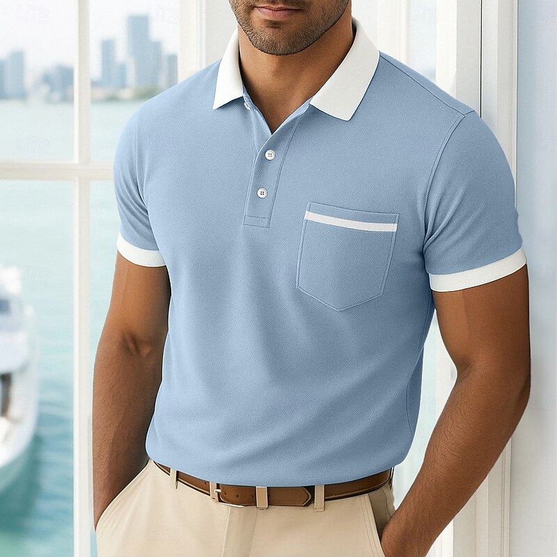 Men's Golf Shirt Pique Polo Shirt Work Casual Lapel Ribbed Polo Collar Short Sleeve Basic Modern Color Block Patchwork Pocket Spring & Summer Regular Fit Black Burgundy Navy Blue Light Blue Golf Shirt
