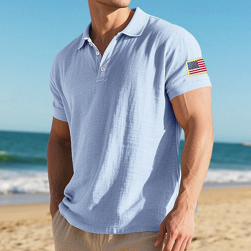 Men's Linen Shirt Golf Shirt Work Casual Lapel Short Sleeve Vacation Fashion National Flag Buttons Summer Regular Fit Black White Navy Blue Khaki Army Green Light Blue Linen Shirt3