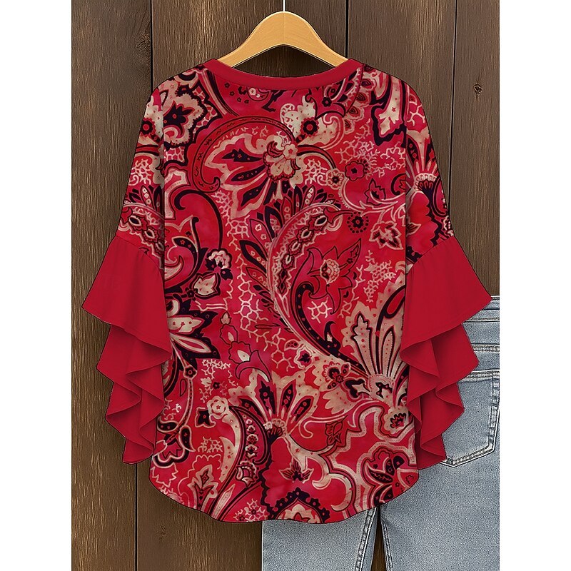 Women's Blouse V Neck Graphic Paisley Elegant Bohemia Ethnic 3/4 Length Sleeve Regular Tops Daily Holiday Vacation Wear Ruffle Print Yellow Red Blue Purple Green Summer Spring Fall2
