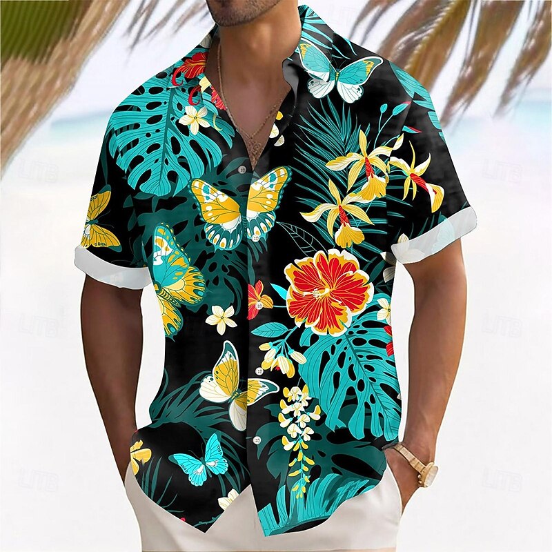 Men's Palm Leaf Tropical Plants Flowers Summer Hawaiian Shirt Button Up Shirt Aloha Shirt Short Sleeve Hawaiian Vacation Holiday Beach Wear Summer Spring Turndown 3D Print Collared Shirts Black Blue4