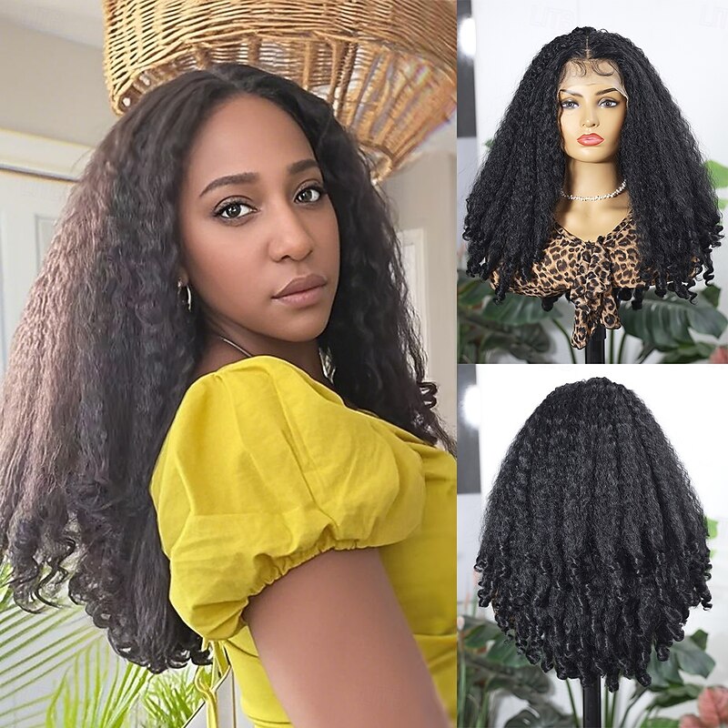 Synthetic Lace Wig Jerry Curl Style 20 inch Black Middle Part 13x4x1 T Part Lace Front Wig Women's Wig Black